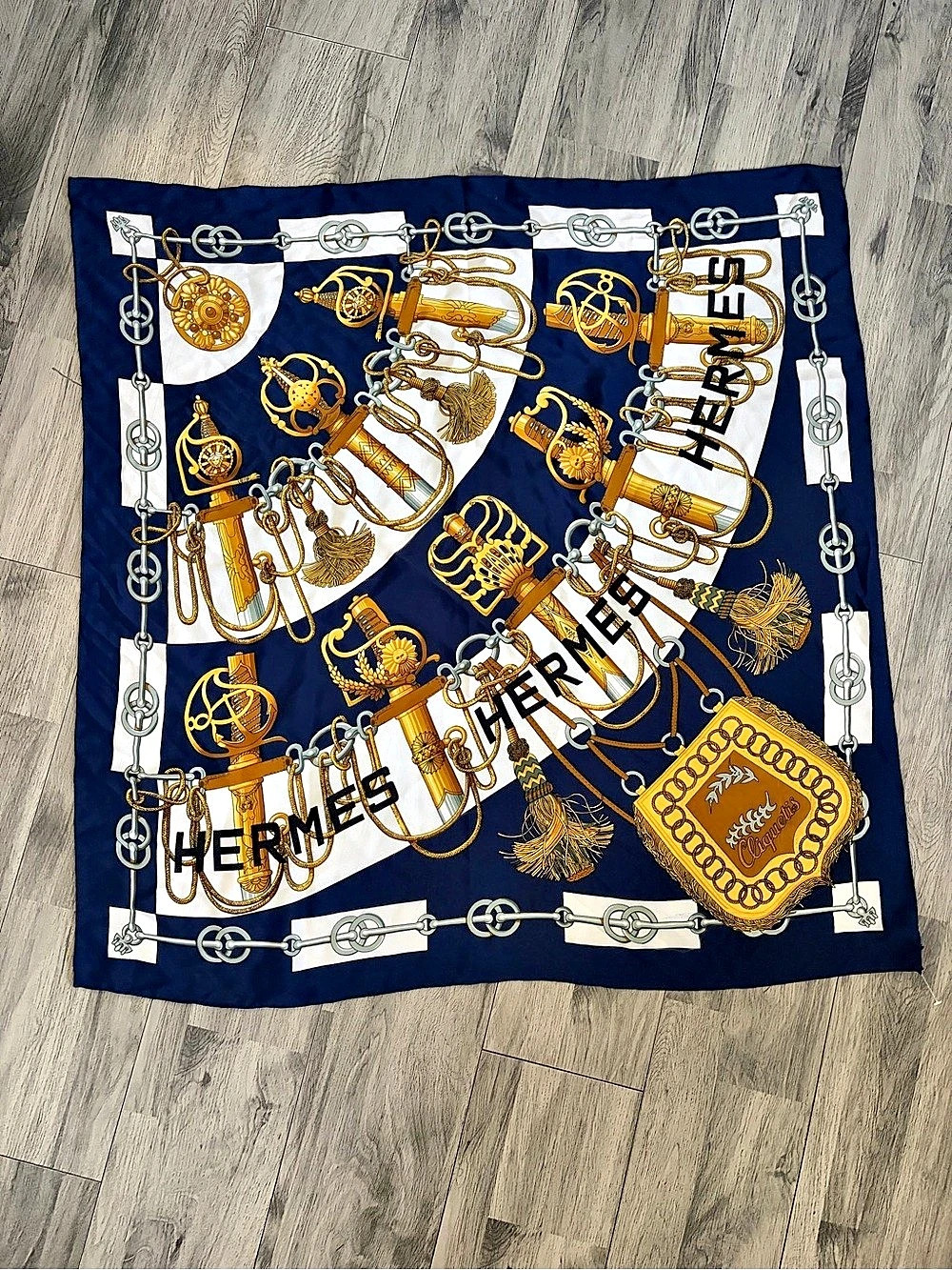 Hermès Cliquetis Silk Scarf 90 Blue & Gold